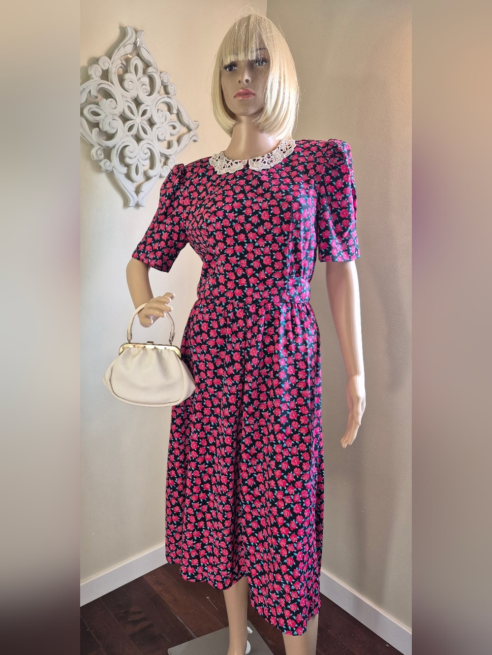 Vintage Peri Petites Dress Floral Lace Collar Shoulder Pads Secretary Office
